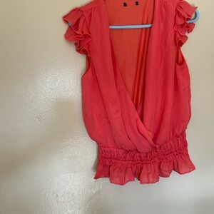 Chic Coral Ruffle Sleeve Blouse